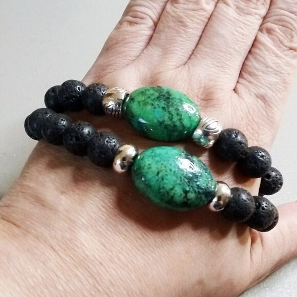 Chrysacolla & Black Lava Rock Bracelet! Thick, Solid & Chunky! Heavy Stone Beads - Picture 7 of 8